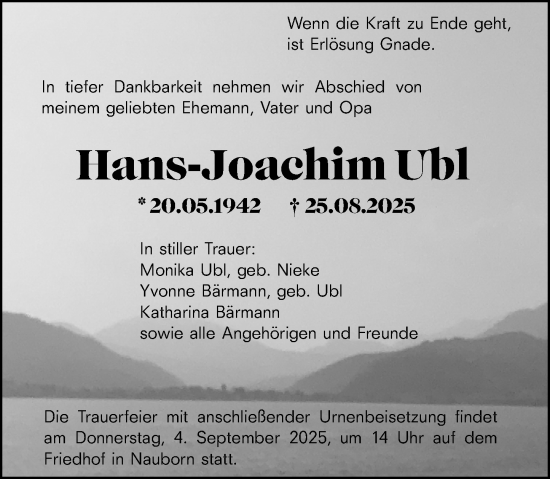 Traueranzeige von Hans-Joachim Ubl von Wetzlarer Neue Zeitung