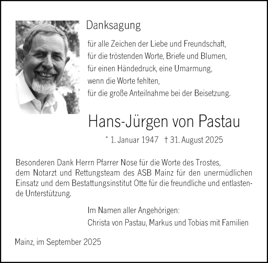 Traueranzeige von Hans-Jürgen von Pastau von Allgemeine Zeitung Mainz