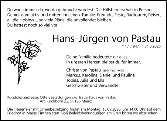 Traueranzeige von Hans-Jürgen von Pastau von Allgemeine Zeitung Mainz