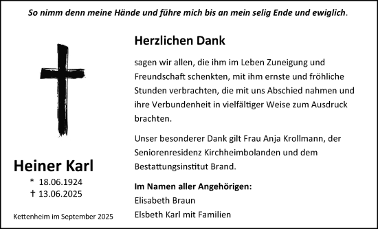 Traueranzeige von Heiner Karl von Allgemeine Zeitung Alzey