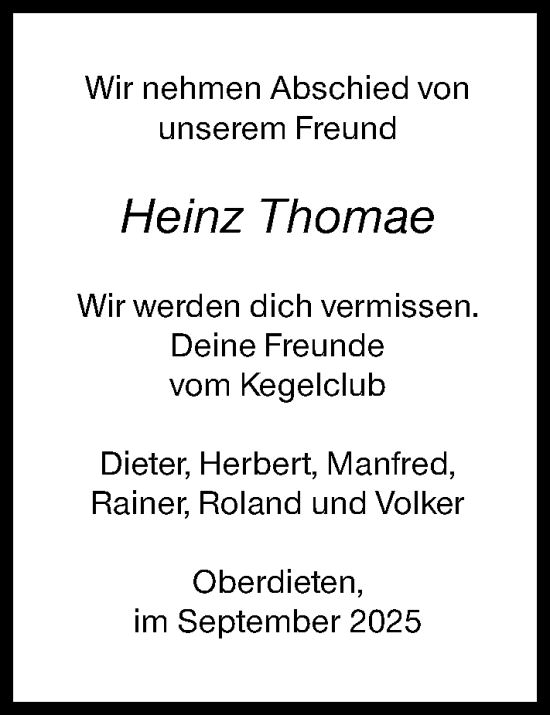 Traueranzeige von Heinz Thomae von Hinterländer Anzeiger