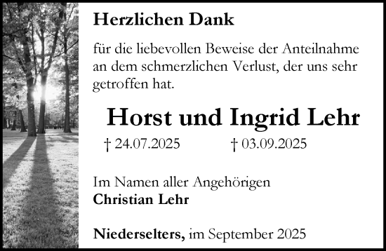 Traueranzeige von Horst Lehr von Weilburger Tageblatt