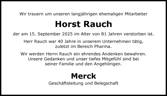 Traueranzeige von Horst Rauch von Darmstädter Echo