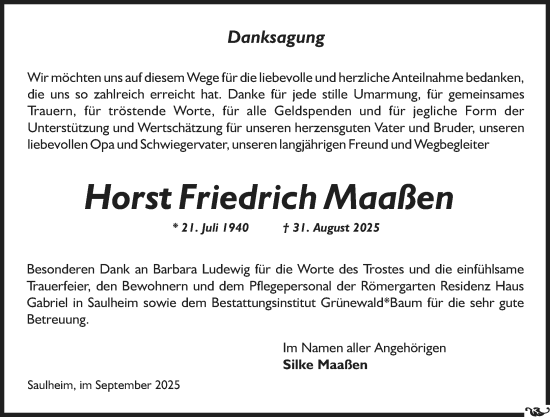Traueranzeige von Horst Friedrich Maaßen von Allgemeine Zeitung Alzey