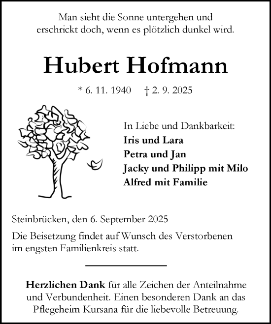 Traueranzeige von Hubert Hofmann von Dill Block