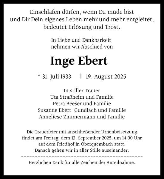 Traueranzeige von Inge Ebert von Wetzlarer Neue Zeitung