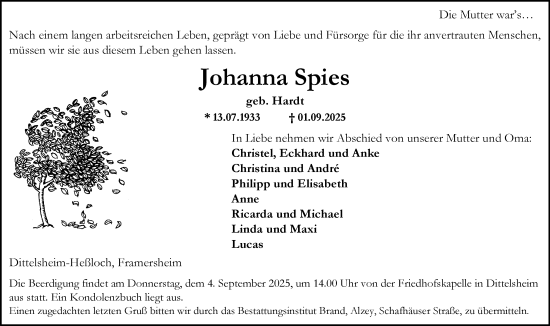 Traueranzeige von Johanna Spies von Allgemeine Zeitung Alzey