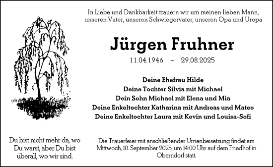 Traueranzeige von Jürgen Fruhner von Wetzlarer Neue Zeitung
