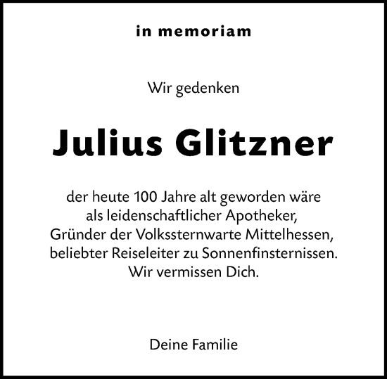 Traueranzeige von Julius Glitzner von Wetzlarer Neue Zeitung