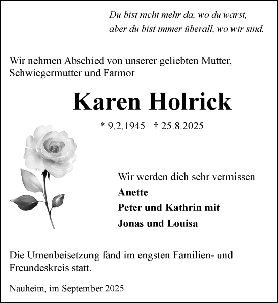 Traueranzeige von Karen Holrick von Rüsselsheimer Echo