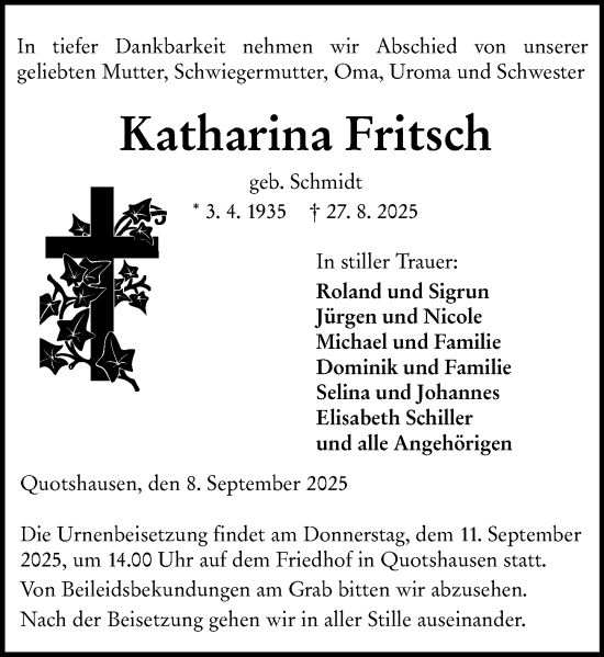 Traueranzeige von Katharina Fritsch von Hinterländer Anzeiger