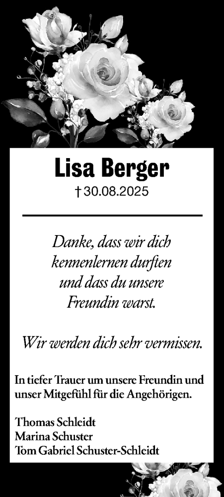 Traueranzeige von Lisa Berger von Rüsselsheimer Echo