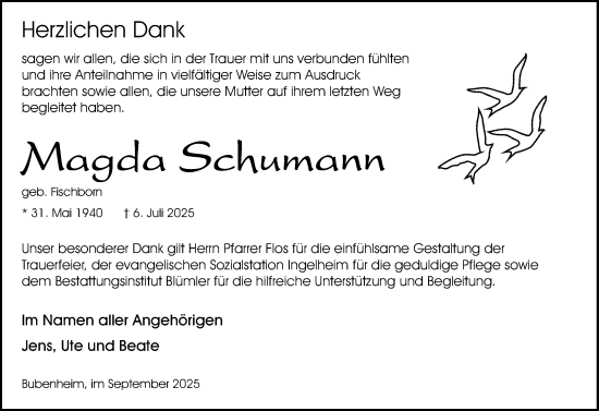 Traueranzeige von Magda Schumann von Allgemeine Zeitung Rheinhessen-Nahe