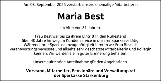 Traueranzeige von Maria Best von Starkenburger Echo