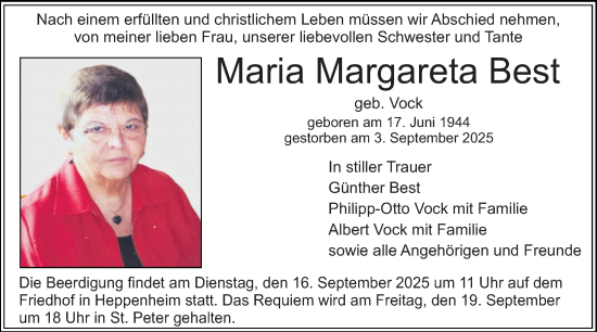 Traueranzeige von Maria Margareta Best von Starkenburger Echo