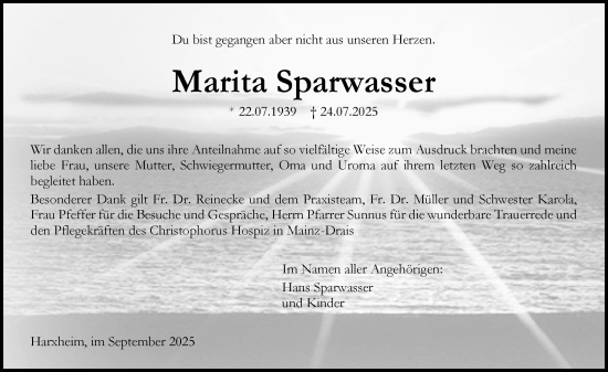 Traueranzeige von Marita Sparwasser von Allgemeine Zeitung Mainz