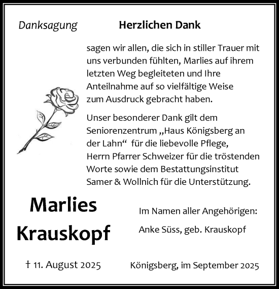 Traueranzeige von Marlies Krauskopf von Wetzlarer Neue Zeitung