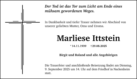 Traueranzeige von Marliese Ittstein von Allgemeine Zeitung Mainz