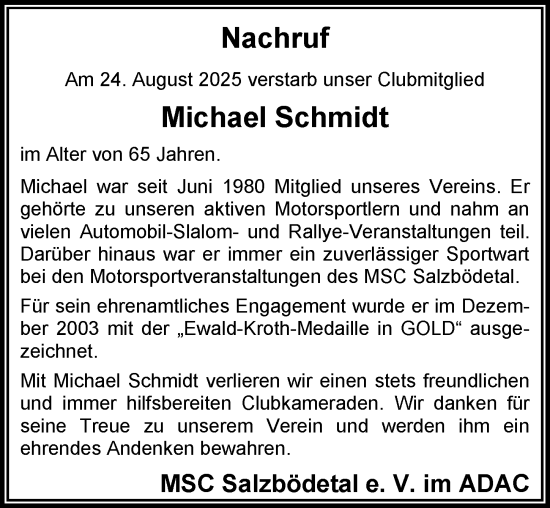 Traueranzeige von Michael Schmidt von Hinterländer Anzeiger