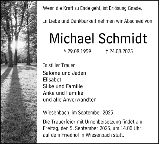 Traueranzeige von Michael Schmidt von Hinterländer Anzeiger
