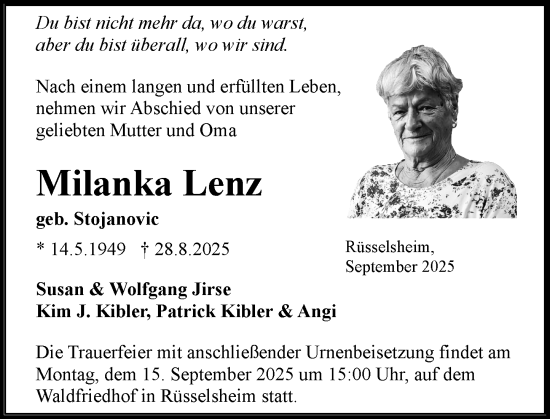 Traueranzeige von Milanka Lenz von Rüsselsheimer Echo