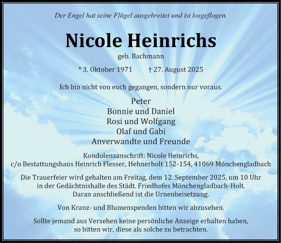 Traueranzeige von Nicole Heinrichs von Hinterländer Anzeiger