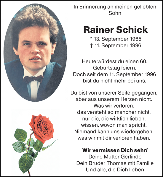 Traueranzeige von Rainer Schick von Rüsselsheimer Echo