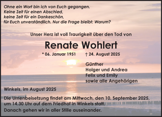 Traueranzeige von Renate Wohlert von Weilburger Tageblatt