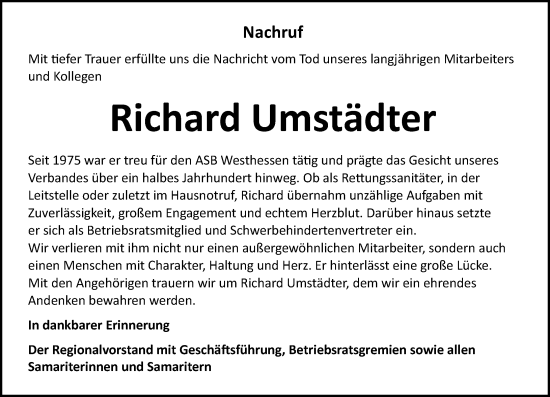 Traueranzeige von Richard Umstädter von Wiesbadener Kurier