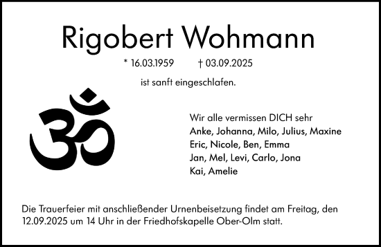 Traueranzeige von Rigobert Wohmann von Allgemeine Zeitung Mainz