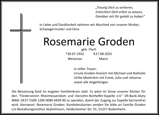 Traueranzeige von Rosemarie Groden von Allgemeine Zeitung Mainz
