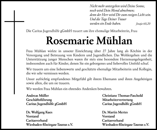 Traueranzeige von Rosemarie Mühlan von Wiesbadener Kurier
