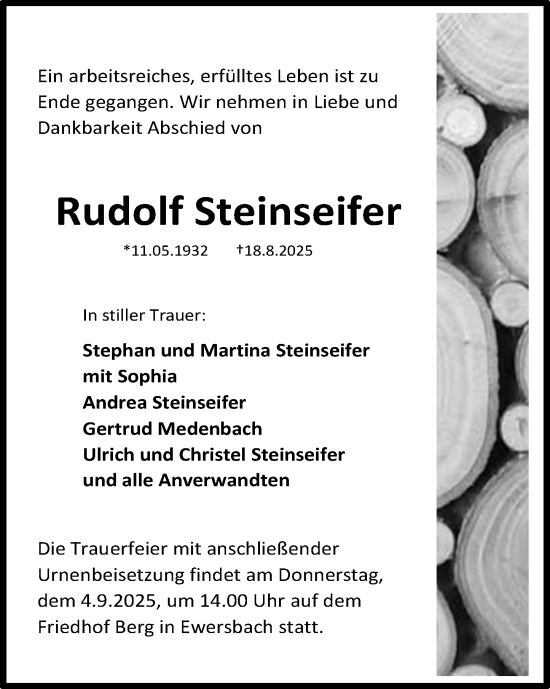 Traueranzeige von Rudolf Steinseifer von Dill Block