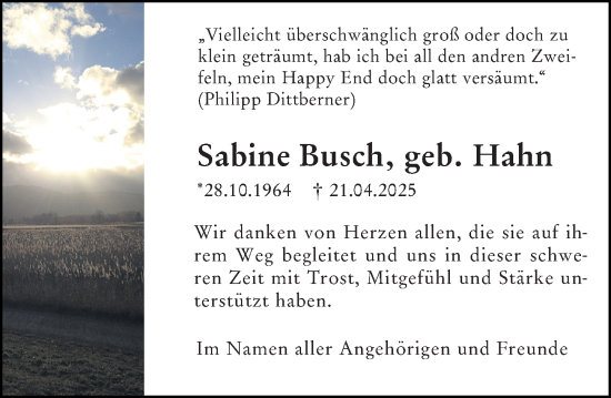 Traueranzeige von Sabine Busch von Hinterländer Anzeiger
