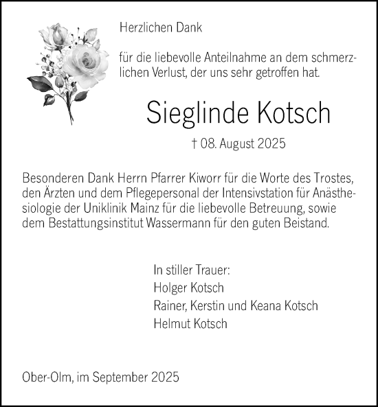 Traueranzeige von Sieglinde Kotsch von Allgemeine Zeitung Mainz