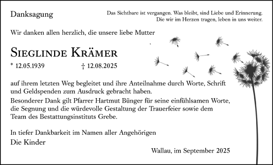 Traueranzeige von Sieglinde Krämer von Hinterländer Anzeiger