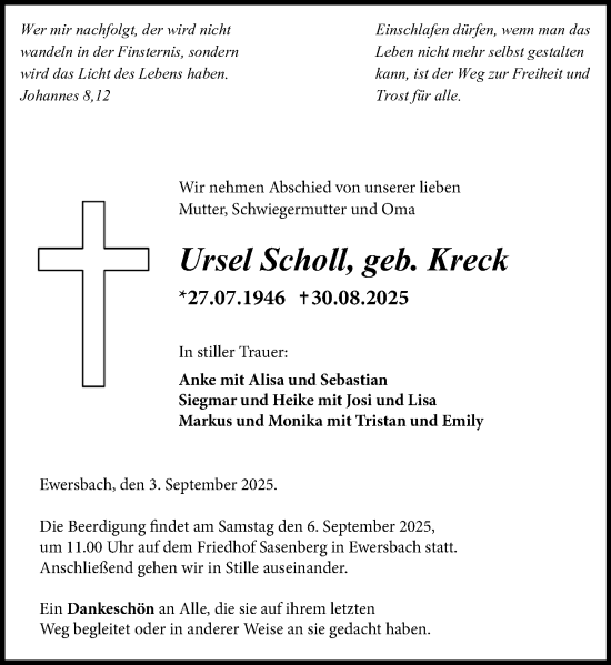 Traueranzeige von Ursel Scholl von Dill Block