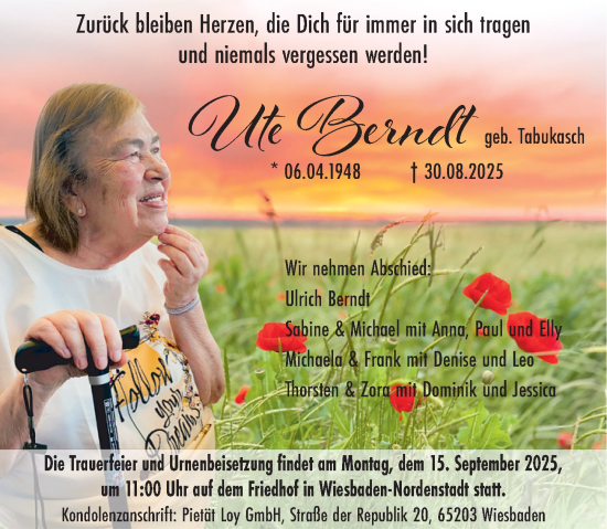 Traueranzeige von Ute Berndt von Wiesbadener Kurier