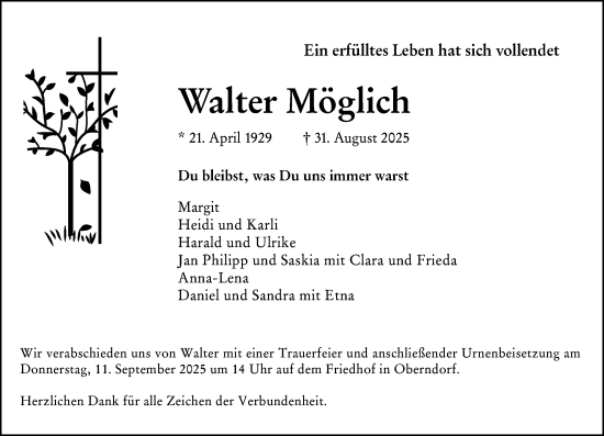 Traueranzeige von Walter Möglich von Wetzlarer Neue Zeitung