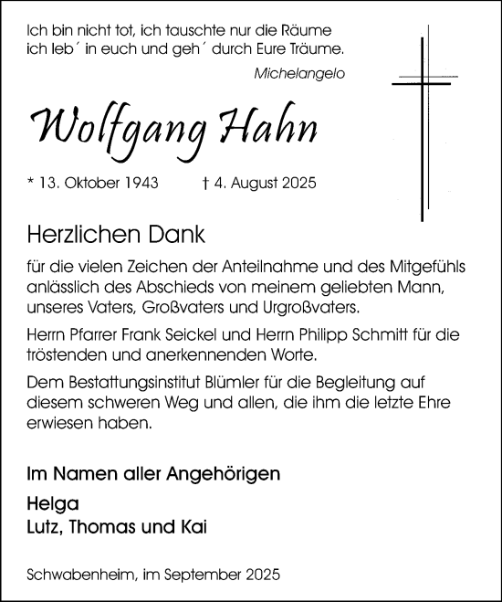 Traueranzeige von Wolfgang Hahn von Allgemeine Zeitung Rheinhessen-Nahe