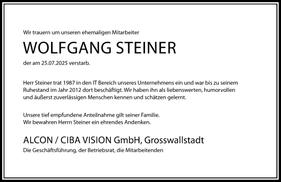 Traueranzeige von Wolfgang Steiner von Odenwälder Echo