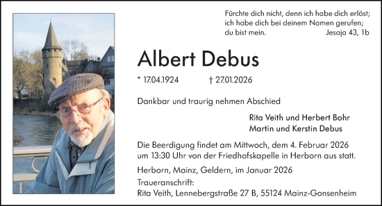 Traueranzeige von Albert Debus von Dill Block