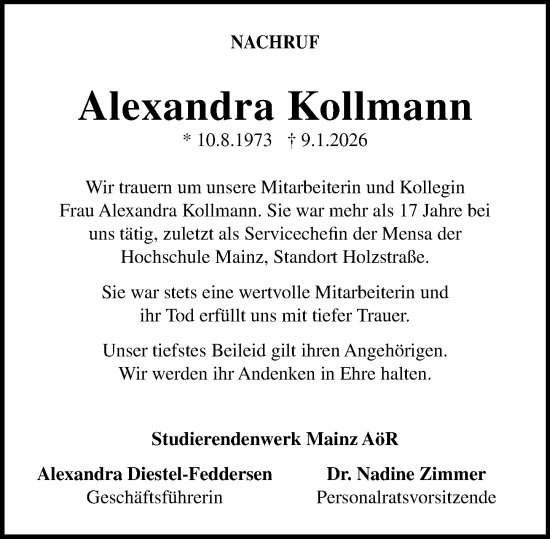 Traueranzeige von Alexandra Kollmann von Allgemeine Zeitung Mainz
