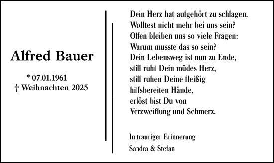 Traueranzeige von Alfred Bauer von Groß-Gerauer Echo