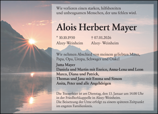 Traueranzeige von Alois Herbert Mayer von Allgemeine Zeitung Alzey