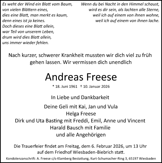 Traueranzeige von Andreas Freese von Wiesbadener Kurier
