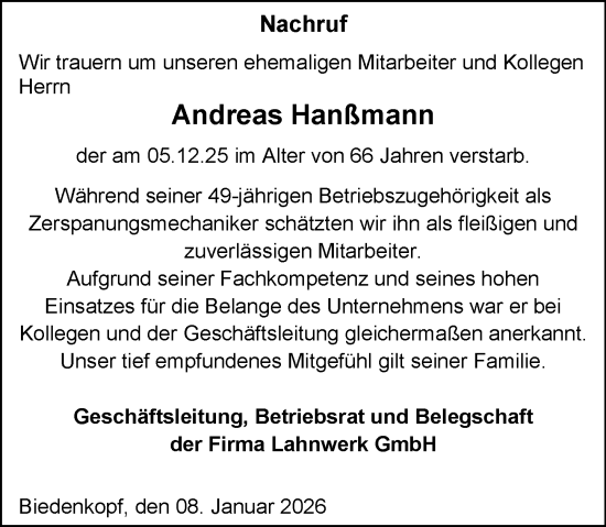 Traueranzeige von Andreas Hanßmann von Hinterländer Anzeiger