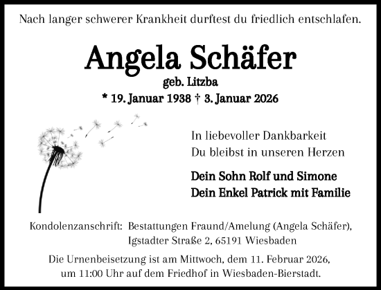 Traueranzeige von Angela Schäfer von Wiesbadener Kurier