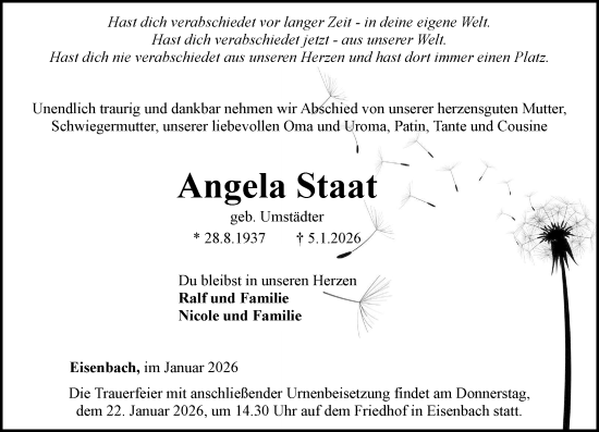 Traueranzeige von Angela Staat von Camberger Anzeiger
