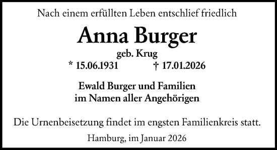 Traueranzeige von Anna Burger von Wiesbadener Kurier